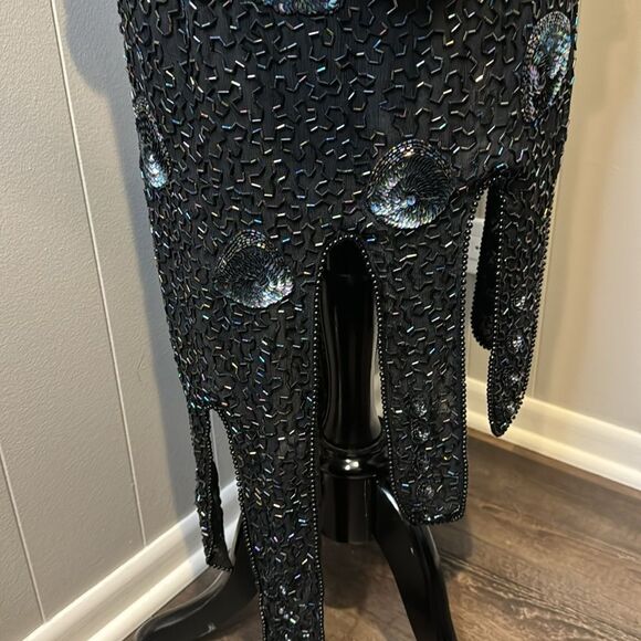 Stunning vintage beaded sequin black plung draped back neckline panel hem midi - Picture 9 of 13